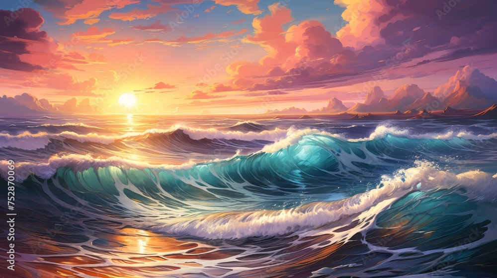 Vibrant beach sunset with serene waves, summer vibe
