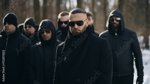 Funeral of a mafia boss. Russian mafia. Winter. Sad faces. Mourning. People dressed in black