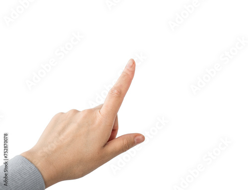 Clicking hand on an empty space. Finger pressing. Woman hand showing the fingers, isolated. Copy space to add text or additional content.