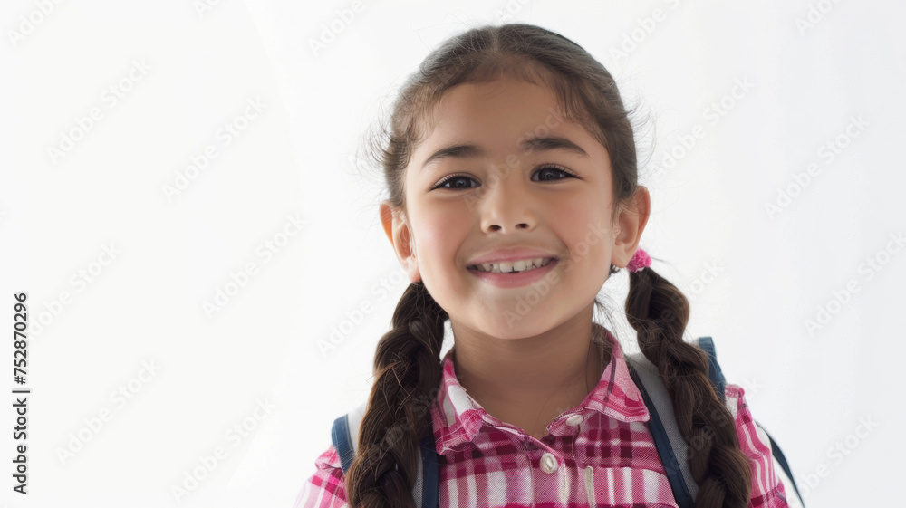 Smiling young girl with braided hair wearing a pink checkered shirt. Smiling young girl with braided hair wearing a pink checkered shirt.