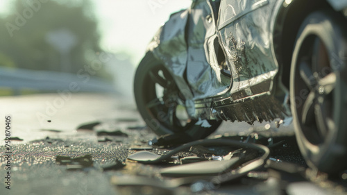 Close-up of a car wreck focusing on damaged wheel and debris.