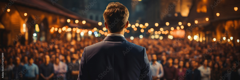 Business event, Rear view of motivational speaker standing on stage in front of audience for motivation speech on business event. - obrazy, fototapety, plakaty 