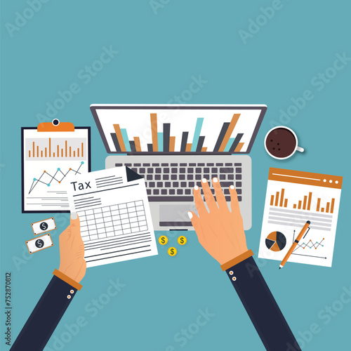 Taxes. Character filling tax declaration form online on laptop. Taxation planning concept. Vector illustration