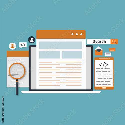 Concept of computer programming or developing software or game. Vector 3d illustration with coding symbols and programming windows. Concept of Information technologies and computer engineerin