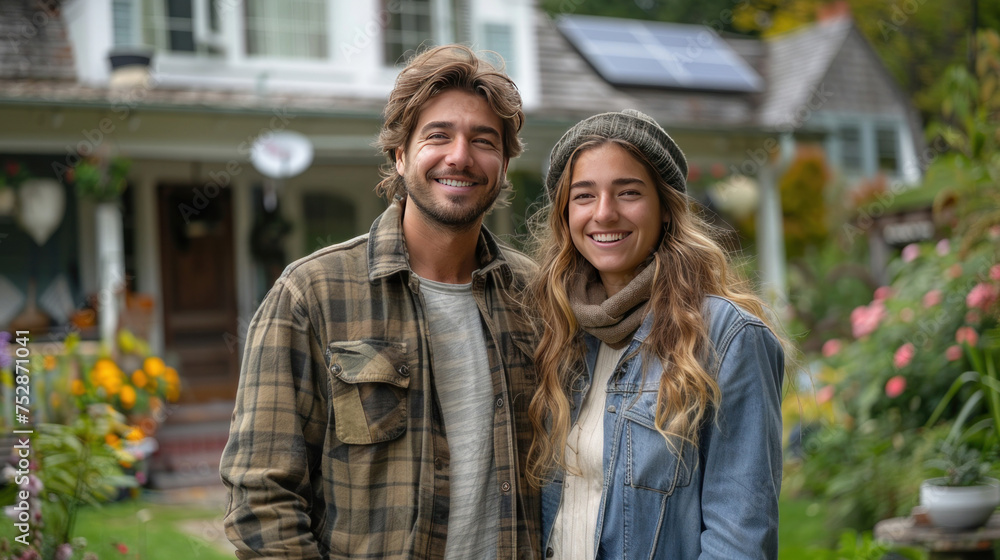 Couple stands smiling in the driveway of a large house with solar panels installed. Couple stands smiling in the driveway of a large house with solar panels installed.