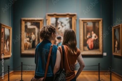mother and daughter look at paintings in an art gallery in a museum