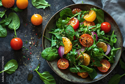 Fresh Citrus Spinach Salad. A vibrant and fresh spinach salad mixed with juicy orange segments, ripe cherry tomatoes, and crisp red onions, dressed and ready to serve. photo