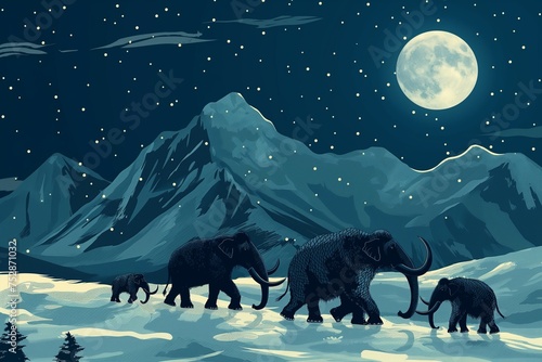 mammoths walking in a snowy mountain landscape photo