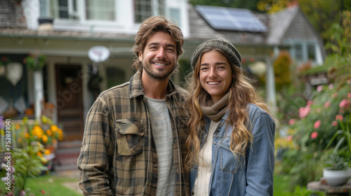 Couple stands smiling in the driveway of a large house with solar panels installed.
