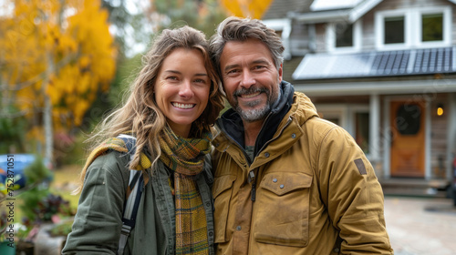 Couple stands smiling in the driveway of a large house with solar panels installed.