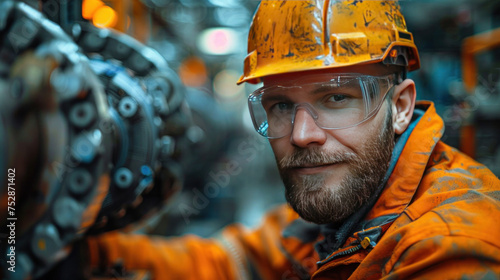 Engineer in workwear and helmet is operating a machine in a factory.