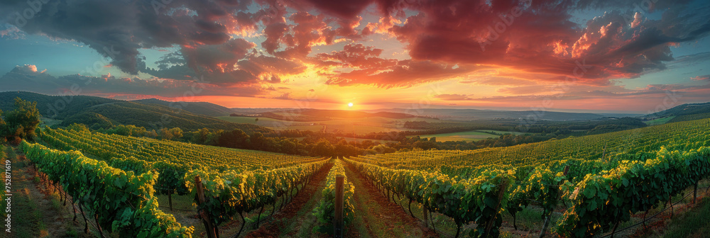 Obraz premium Panoramic view of lush vineyard at sunset.