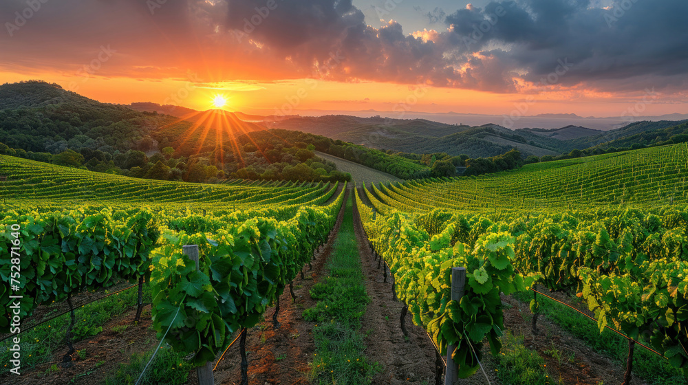 Fototapeta premium Panoramic view of lush vineyard at sunset.