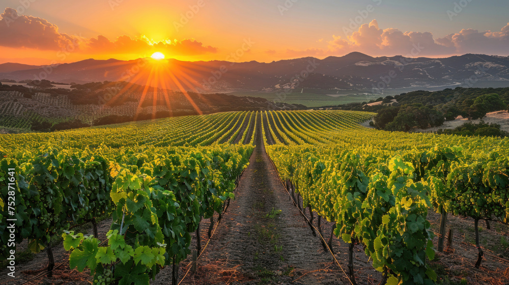 Panoramic view of lush vineyard at sunset.