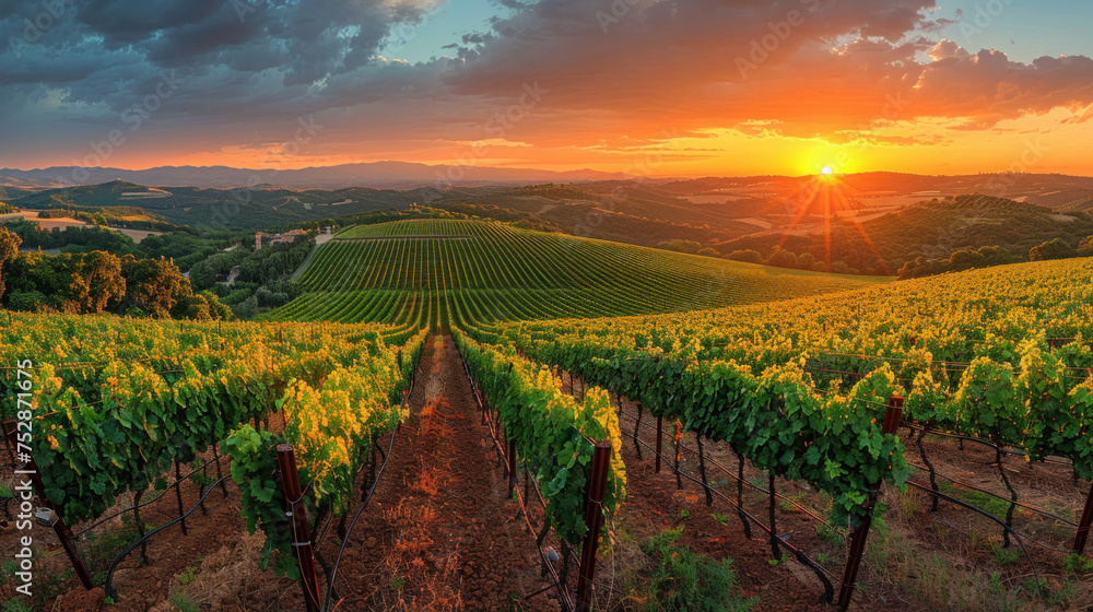 Naklejka premium Panoramic view of lush vineyard at sunset.