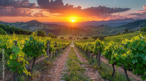 Panoramic view of lush vineyard at sunset.