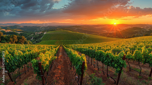 Panoramic view of lush vineyard at sunset.