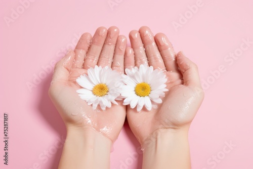 Top view Hands of a young girl holding chamomile flowers in water on a pink background.