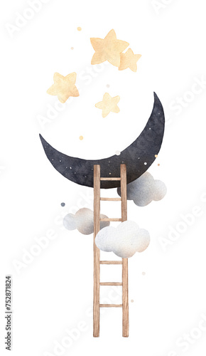 Stairs to the moon. Watercolor illustration. For nursery.
