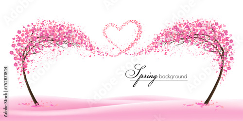 Spring Natural background with stylized trees representing the season - spring. Trees with spring flying flowers collected in the shape of a heart. Vector.