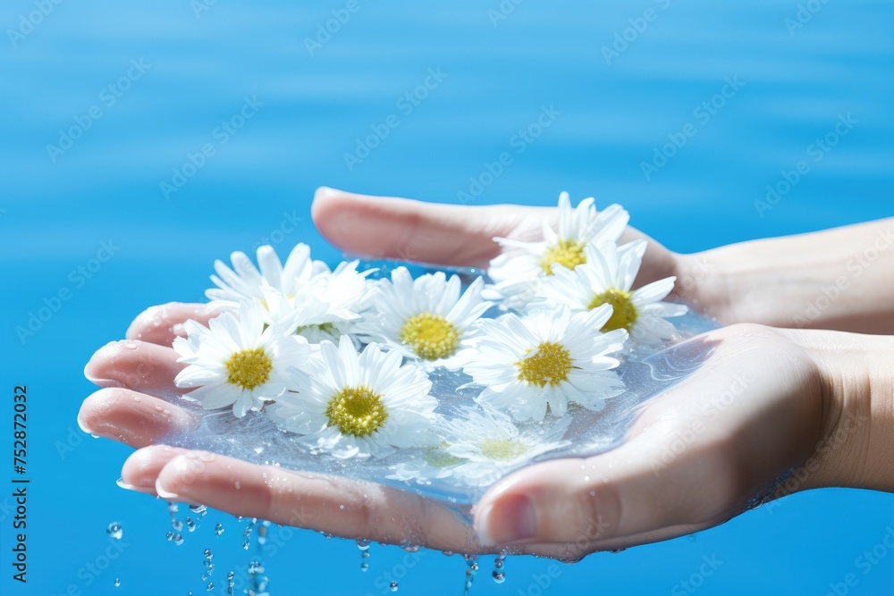 Hands of a young girl holding chamomile flowers with splash of water on a blue background. Hands of a young girl holding chamomile flowers with splash of water on a blue background.