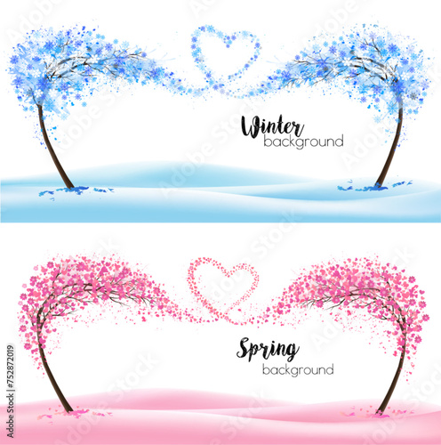 Two season nature backgrounds with stylized trees representing a seasons - winter and spring. Trees with flying snowflakes and spring flowers collected in the shape of a heart. Vector. © ecco