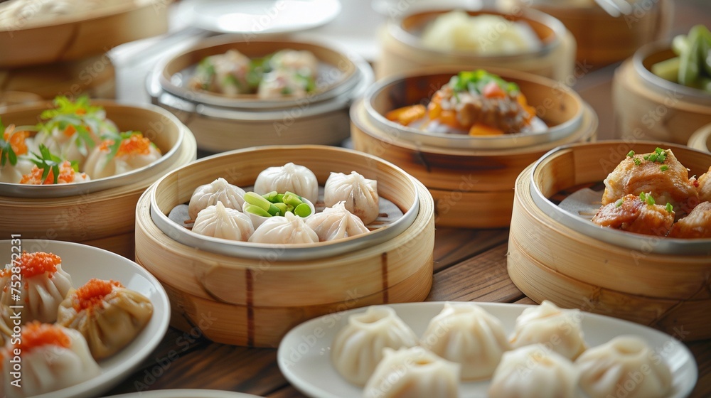 photography of dim sum Chinese food in a bamboo bowl. close-up view photography of dim sum Chinese food in a bamboo bowl. close-up view