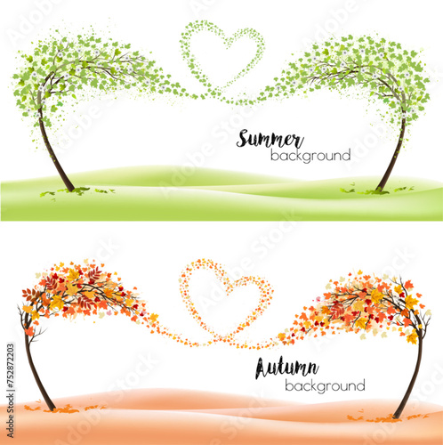 Two season nature backgrounds with stylized trees representing a seasons - summer and autumn. Trees with flying leaves and summer flowers collected in the shape of a heart. Vector. © ecco