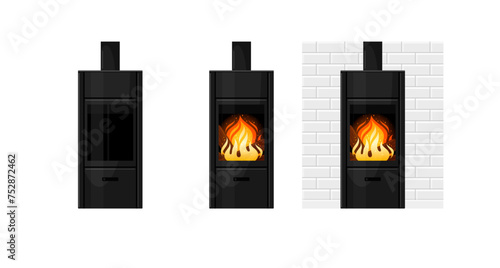Wood stove, black fireplace with fire, free standing modern home heater with chimney, glass window and white brick wall background. Set of vector flat cartoon illustrations