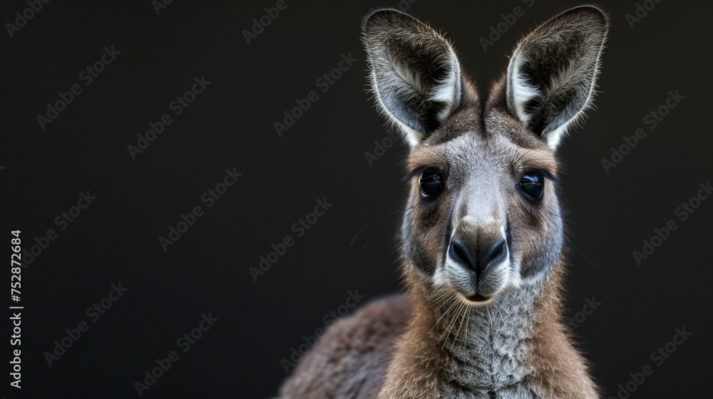 Fototapeta premium a kangaroo close-up portrait looking direct in camera with low-light, black backdrop
