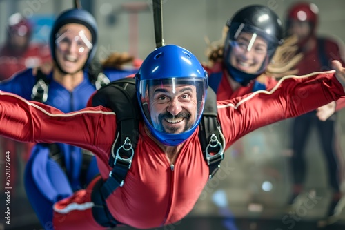 Excited Group Experiencing Indoor Skydiving Adventure with Professional Gear and Helmets