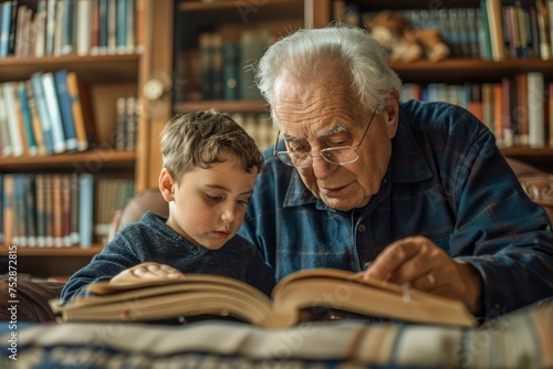 Elderly Grandfather and Young Grandchild Enjoying Story Time Together in a Home Library photo