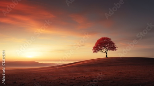 Minimalist design of a single tree casting a long shadow at sunset, serene solitude