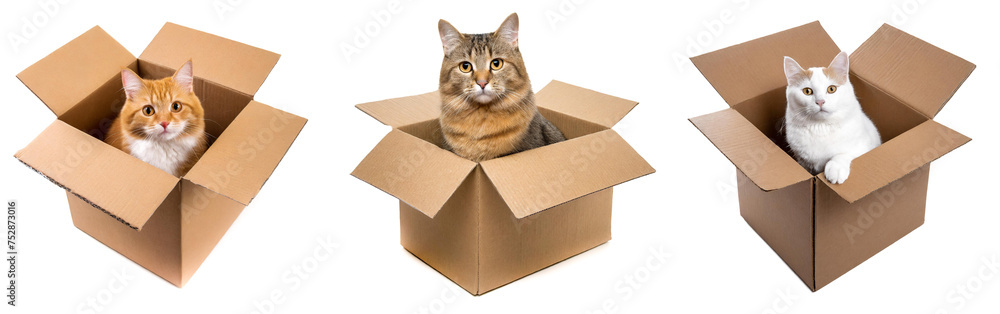 panorama cardboard boxes set with domestic cats isolated on white background, cutout