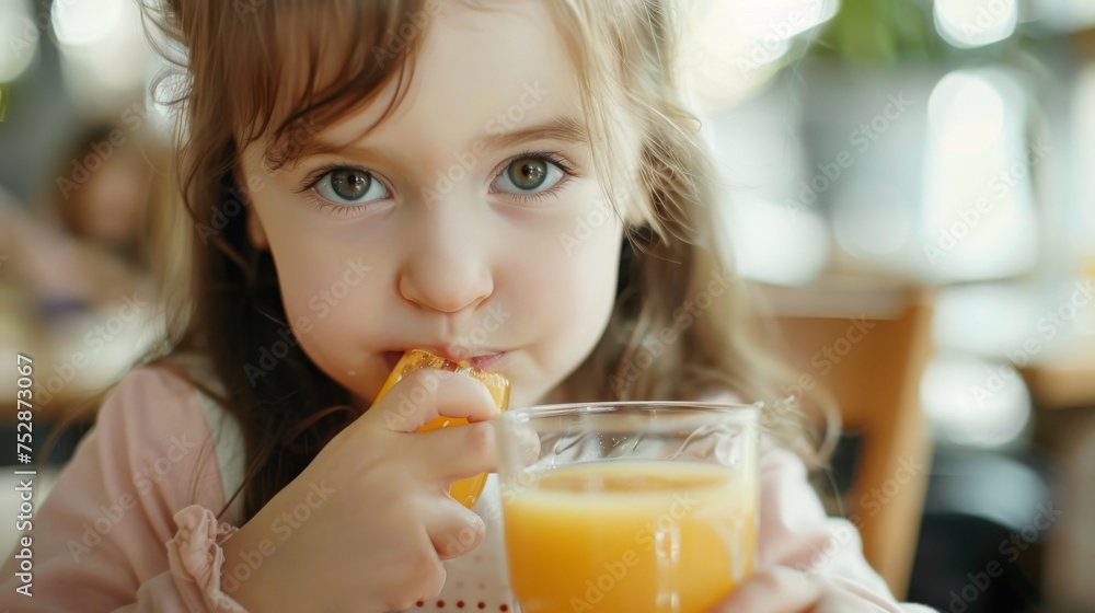 Preschool girl with brown hair at cafeteria holding a glass of orange juice Preschool girl with brown hair at cafeteria holding a glass of orange juice