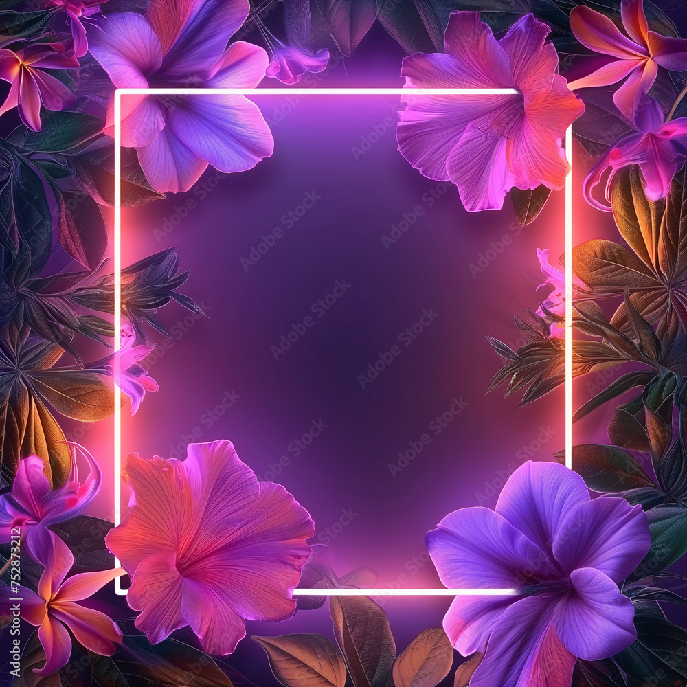 neon frame illuminates a flowers, creating a modern and natural aesthetic, empty mockup neon frame illuminates a flowers, creating a modern and natural aesthetic, empty mockup