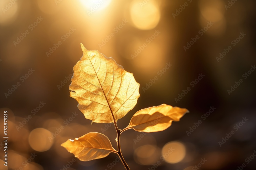 Golden Hour: Warm sunlight casting a golden glow on a leaf, with bokeh lights adding to the ethereal atmosphere. Golden Hour: Warm sunlight casting a golden glow on a leaf, with bokeh lights adding to the ethereal atmosphere.
