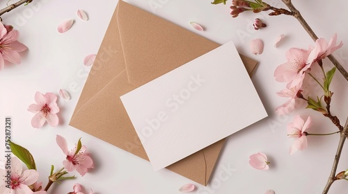 Minimalistic card mockup with cherry branch, flower, craft envelope, blossom, flat lay, top view,generative ai, photo
