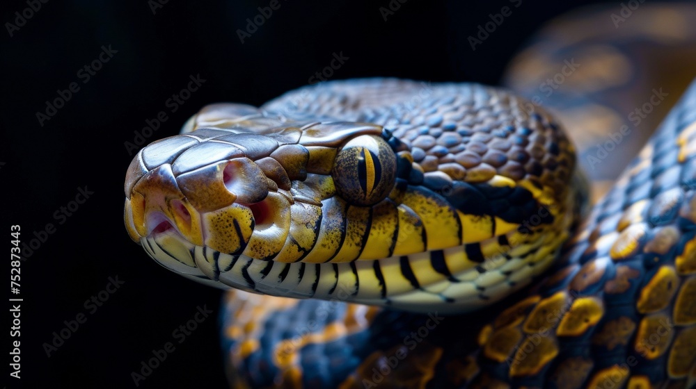 an anaconda snake portrait looking direct in camera with low-light, black backdrop an anaconda snake portrait looking direct in camera with low-light, black backdrop