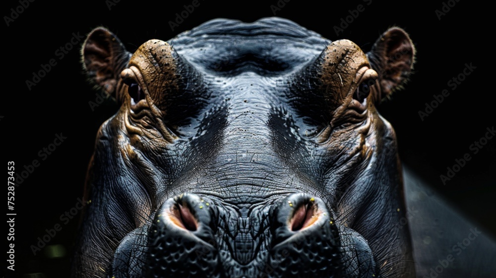 an hyppopotamus close-up portrait looking direct in camera with low-light, black backdrop an hyppopotamus close-up portrait looking direct in camera with low-light, black backdrop