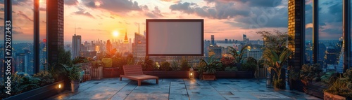 Urban Rooftop Garden at Sunset with Blank Frame