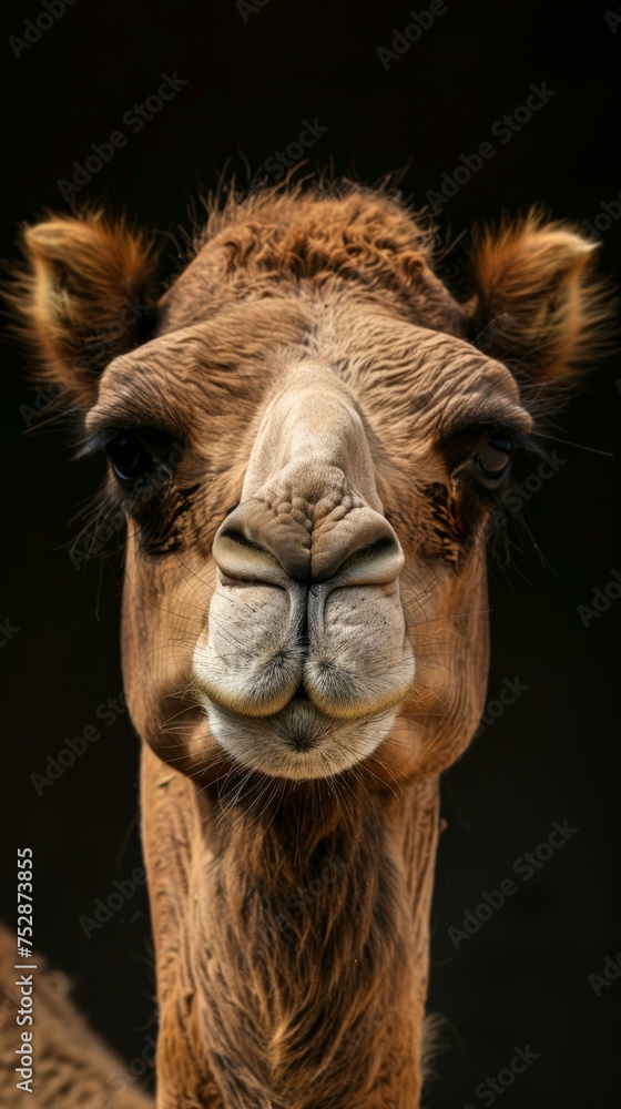 a camel close-up portrait looking direct in camera with low-light, black backdrop