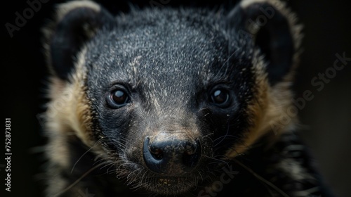 an honey badger close-up portrait looking direct in camera with low-light, black backdrop photo