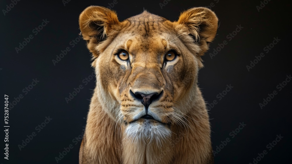 an lioness close-up portrait looking direct in camera with low-light, black backdrop