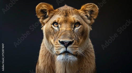 an lioness close-up portrait looking direct in camera with low-light, black backdrop