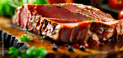 Macro  of Delicious juicy slice of meat, beef, pork with souce  photo