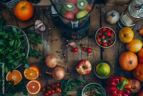 Top view of a blender and fresh fruits and vegetables on a kitchen table