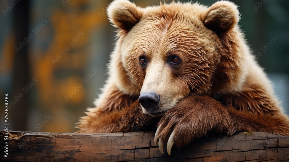 Obraz premium A bear in a thinking pose, paw on chin, symbolizing deep thought