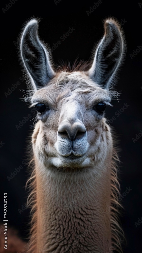 a lama close-up portrait looking direct in camera with low-light, black backdrop 