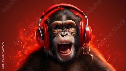 A monkey with headphones, bobbing its head, showing enjoyment © Anuwat